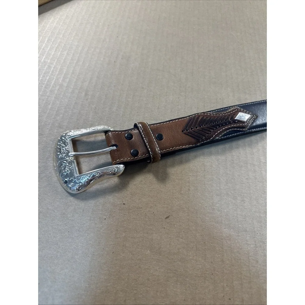 Nocona Genuine Leather Belt Top Hand Overlay Brown / Black Mens 40 Western Wear